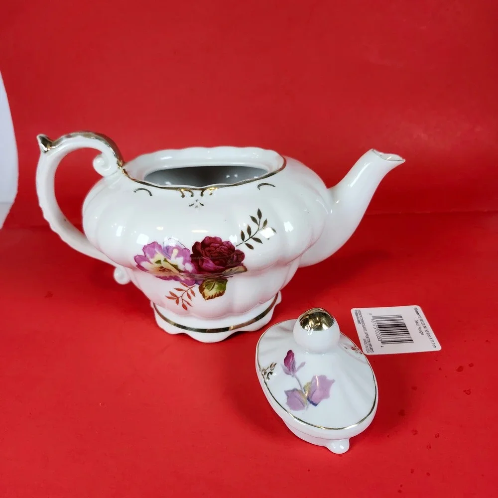 Vintage Musical Teapot White Floral Gold Trim Wind Up Novelty‎ Collectible